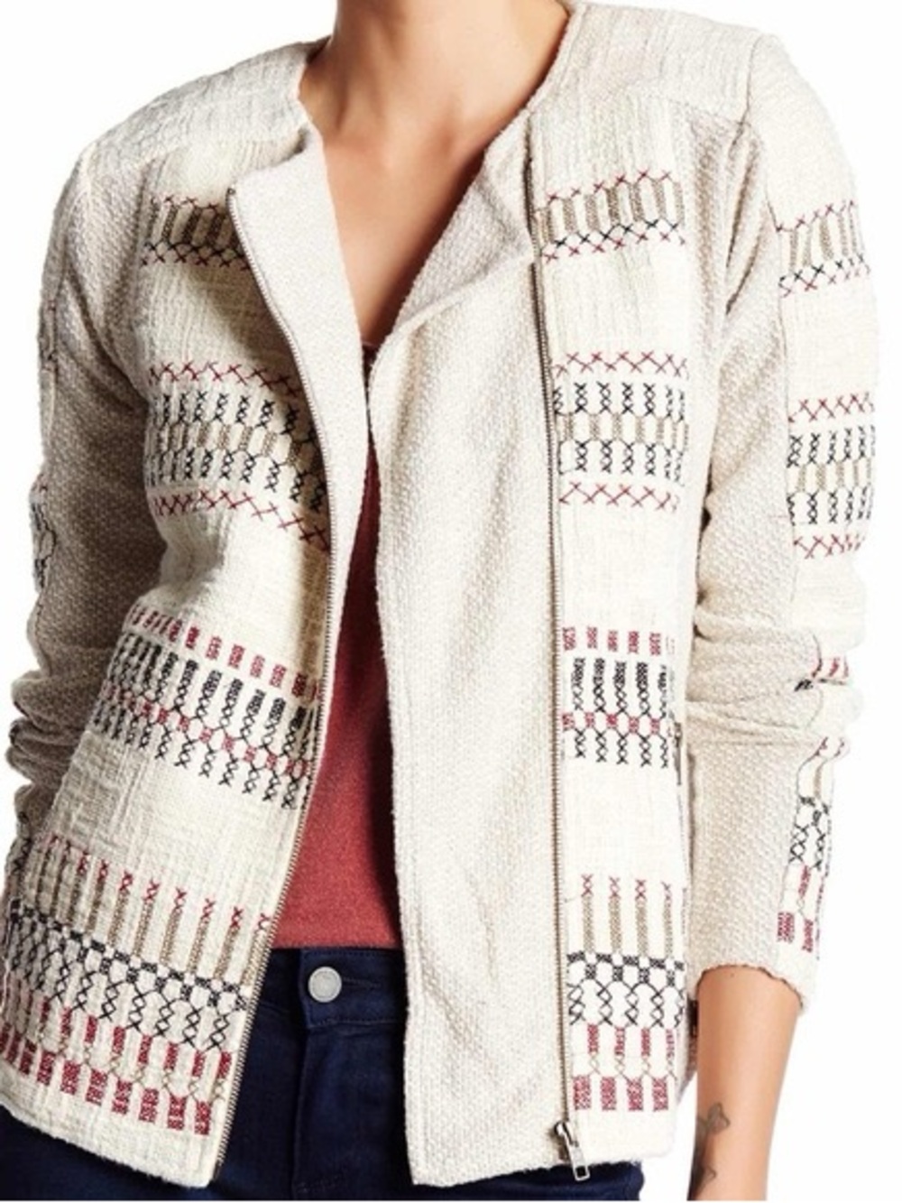 Lucky Brand Cream Embroidered Boucle Jacket with Red and Black Embroidery NWOT